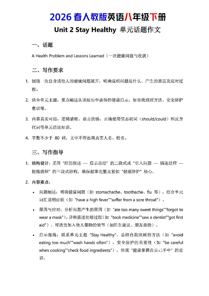 人教版八年级下册英语第二单元作文写作点拨与范文指导_新人教八下资料包_09写作点拨与范文（全）