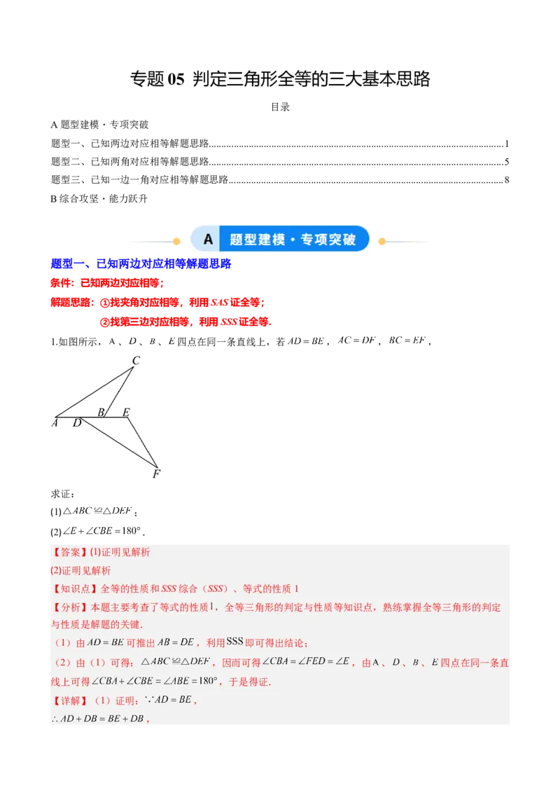 专题05判定三角形全等的三大基本思路（专项训练）（解析版）_初中数学_八年级数学上册（人教版）_专项训练