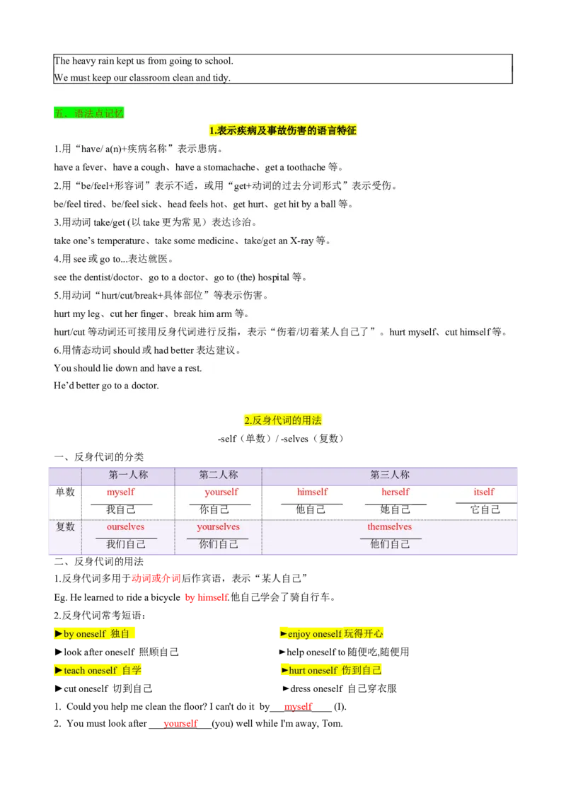背默Unit1What'sthematter？知识清单（背诵版）_新人教八下资料包_35赠送其它_八年级英语下册（人教版）_同步知识背默-V30