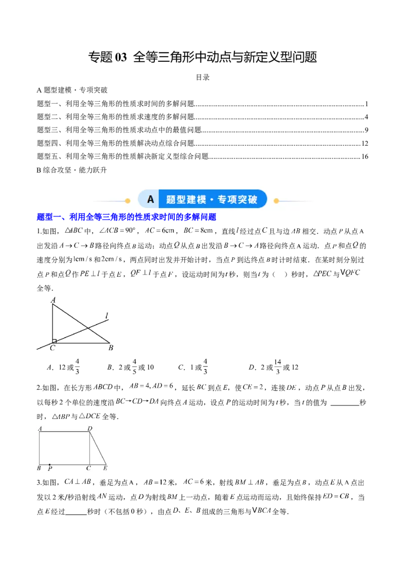 专题03全等三角形中动点与新定义型问题（专项训练）（原卷版）_初中数学_八年级数学上册（人教版）_专项训练