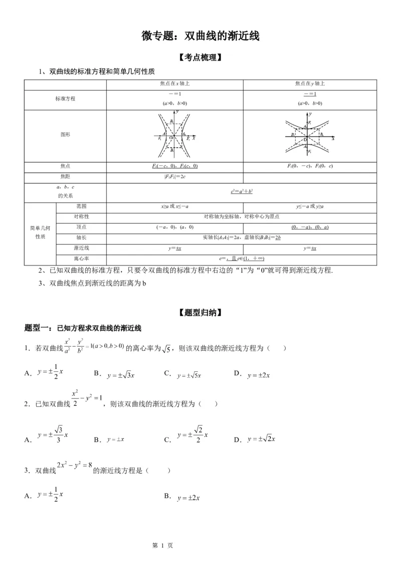 微专题双曲线的渐近线学案&mdash;&mdash;2023届高考数学一轮《考点&middot;题型&middot;技巧》精讲与精练_2.2025数学总复习_赠品通用版（老高考）复习资料_一轮复习