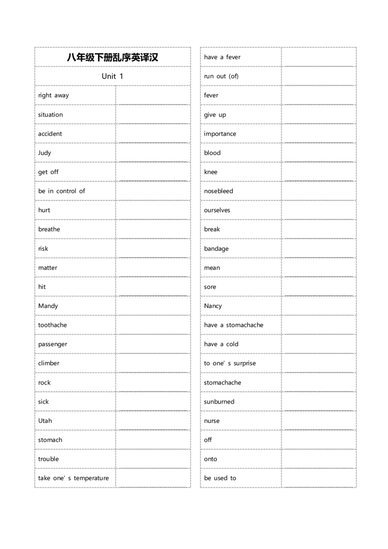 八年级下册单词英汉互译默写-乱序24页_新人教八下资料包_00、更新资料3月16日_单词专项