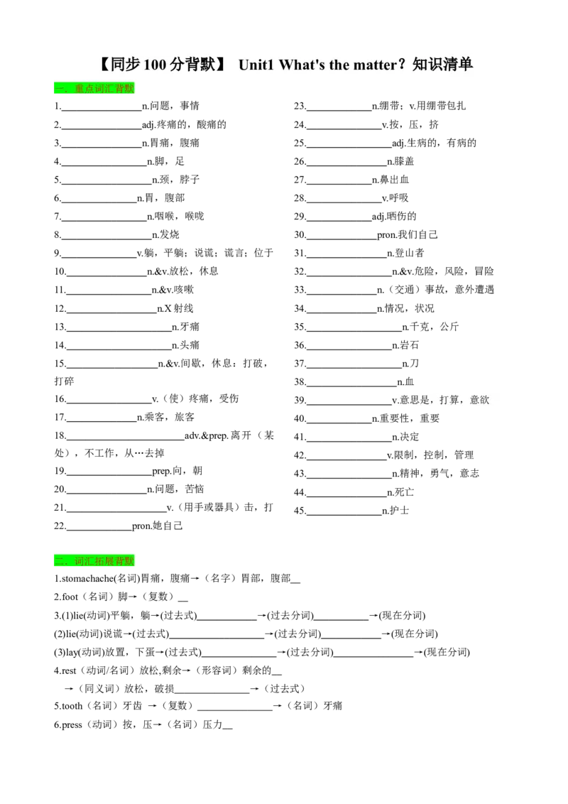 背默Unit1What'sthematter？知识清单（默写版）_新人教八下资料包_35赠送其它_八年级英语下册（人教版）_同步知识背默-V30