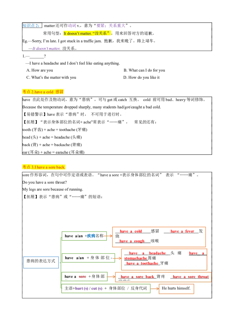 背默Unit1What'sthematter？知识清单（默写版）_新人教八下资料包_35赠送其它_八年级英语下册（人教版）_同步知识背默-V30