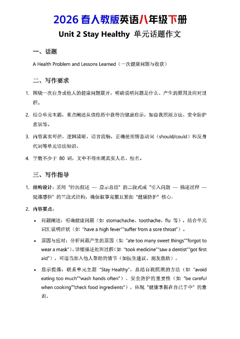 人教版八年级下册英语第二单元作文写作点拨与范文指导_新人教八下资料包_09写作点拨与范文（全）