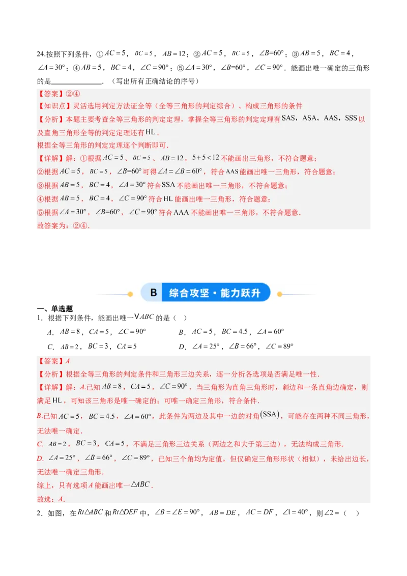 专题04三角形全等的基本判定方法（专项训练）（解析版）_初中数学_八年级数学上册（人教版）_专项训练