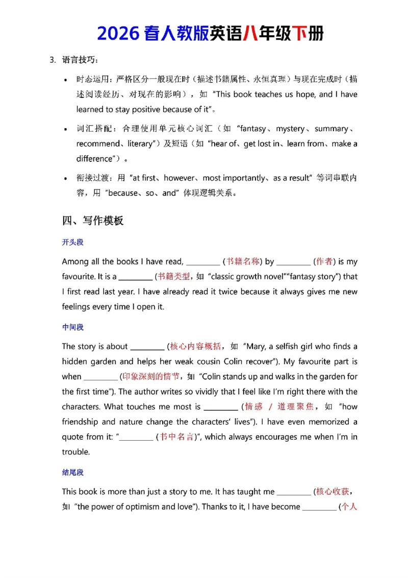 人教版八年级下册英语第七单元作文写作点拨与范文指导_新人教八下资料包_09写作点拨与范文（全）