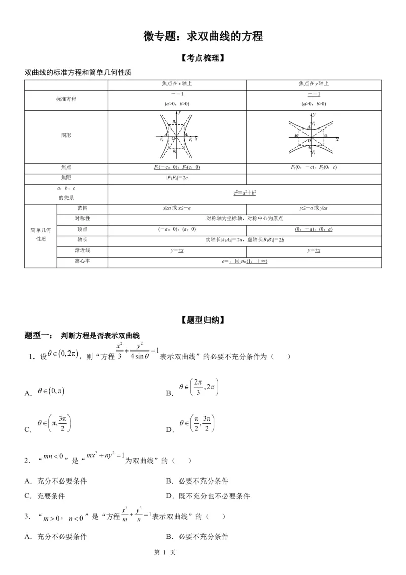 微专题求双曲线的方程学案&mdash;&mdash;2023届高考数学一轮《考点&middot;题型&middot;技巧》精讲与精练_2.2025数学总复习_赠品通用版（老高考）复习资料_一轮复习