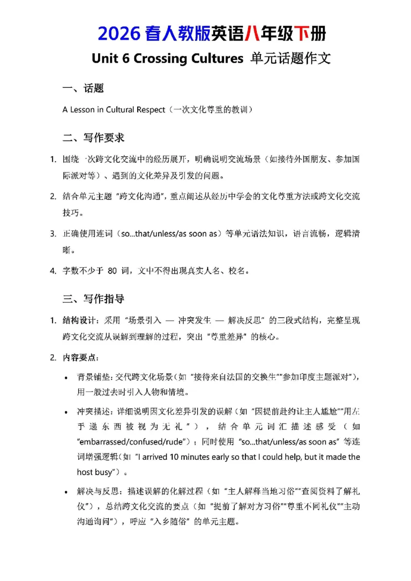 人教版八年级下册英语第六单元作文写作点拨与范文指导_新人教八下资料包_09写作点拨与范文（全）