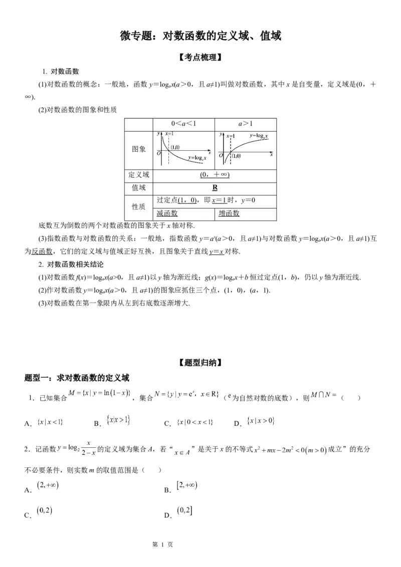 微专题对数函数的定义域、值域学案&mdash;&mdash;2023届高考数学一轮《考点&middot;题型&middot;技巧》精讲与精练_2.2025数学总复习_赠品通用版（老高考）复习资料_一轮复习