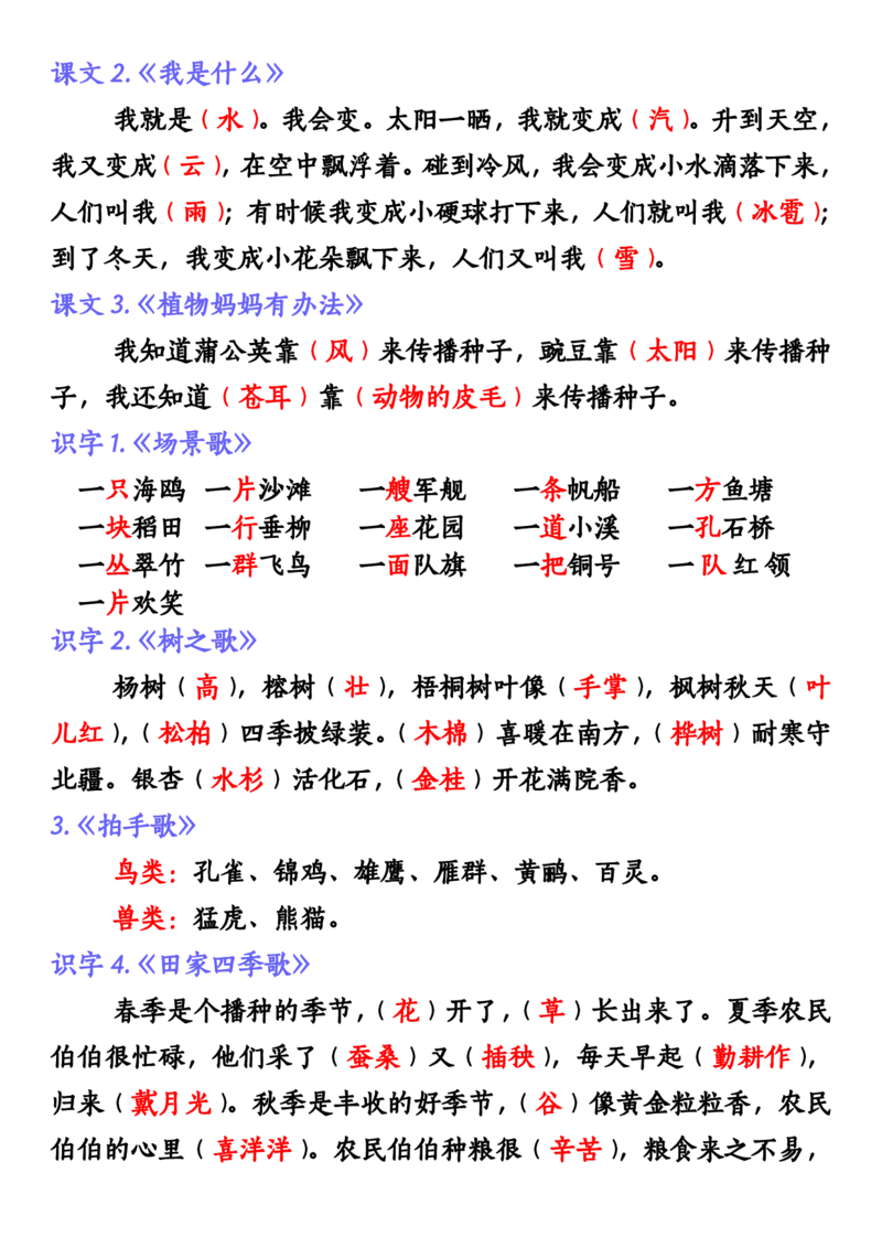 二上语文全册重点知识汇总_小学语文重点知识汇总学习(1-6年级上册)