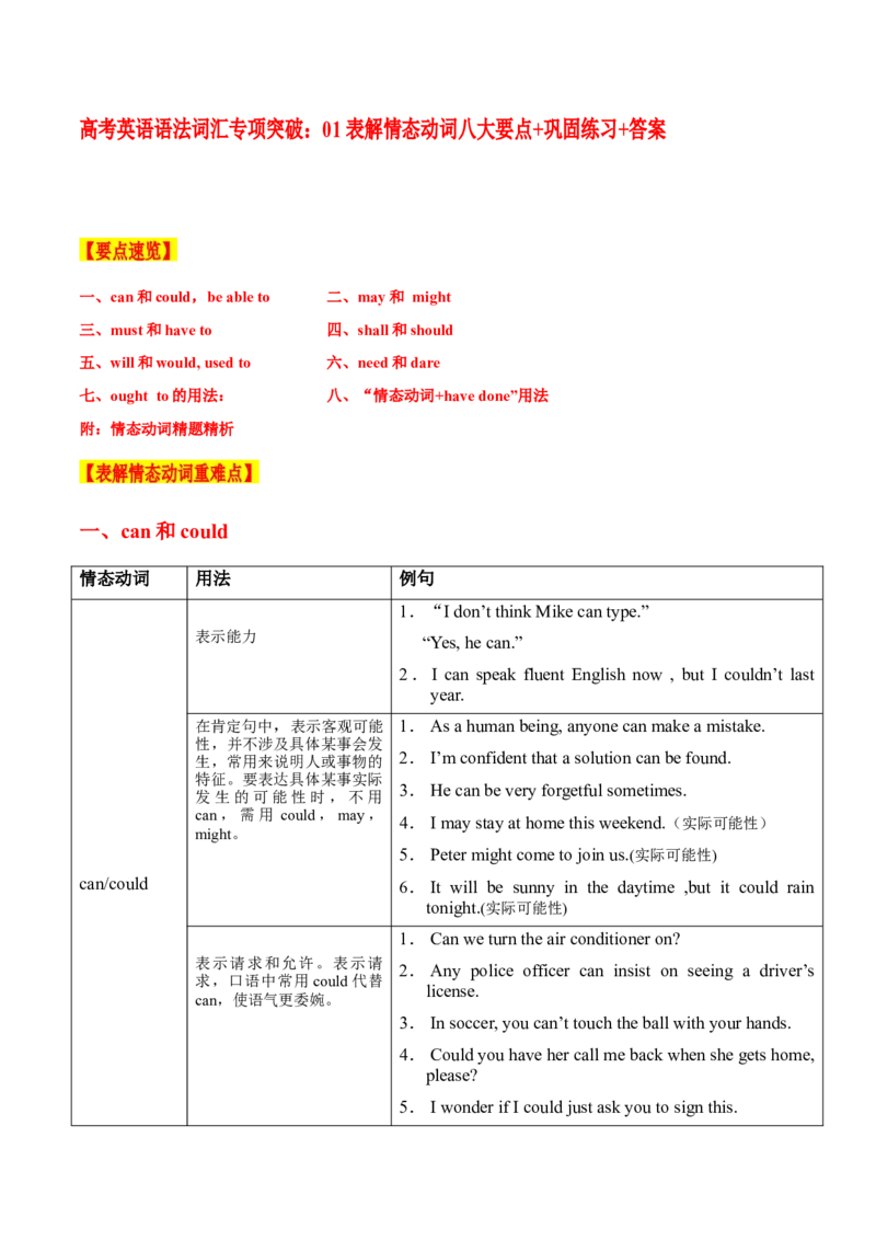 高考英语语法词汇专项突破：01表解情态动词八大要点+巩固练习+答案_3.2025英语总复习_2024年新高考资料_3.2024专项复习_2024年高考英语语法词汇专项突破3139734