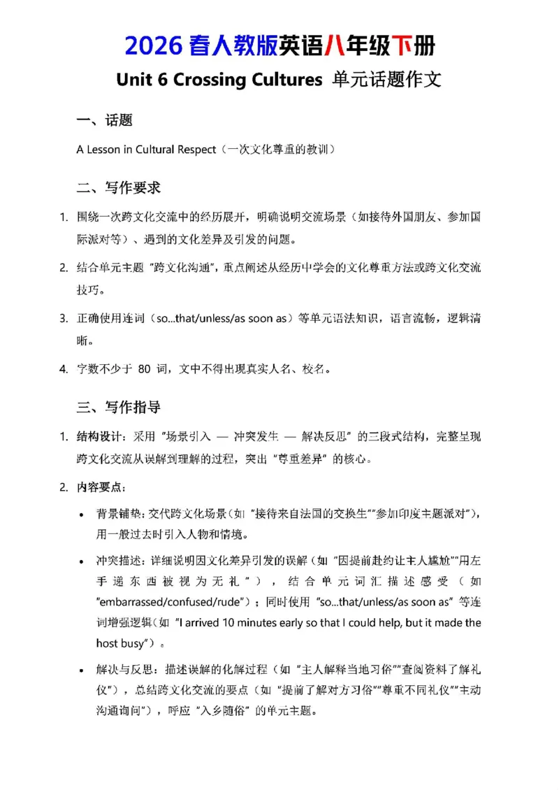 人教版八年级下册英语第六单元作文写作点拨与范文指导_新人教八下资料包_00、更新资料3月16日_专项练习(2)_新课标资料（看这里面）