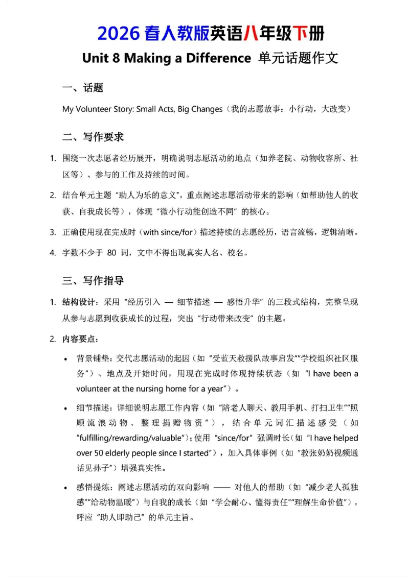 人教版八年级下册英语第八单元作文写作点拨与范文指导_新人教八下资料包_09写作点拨与范文（全）