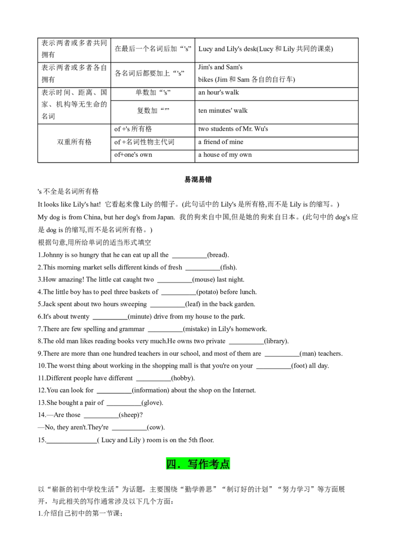 专题02考点拓展2&冠词、名词&写作指导（学校生活）（原卷版）_七下外研版2026英语_2026春版本一_新外研英语7下_2025春外研七下：自学包_2025春外研七下：寒假讲义Word