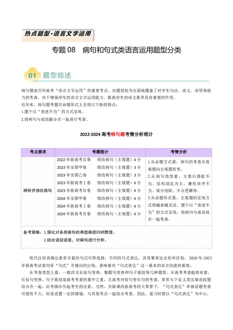 专题08病句和句式类语言运用题型分类（原卷版）_01高考语文_52025年新高考资料_二轮复习_2025年高考语文二轮热点题型归纳与变式演练（新高考通用）339798018_题型突破