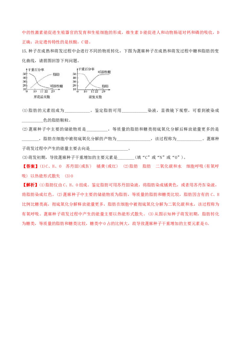 2.3细胞中的糖类和脂质同步练习（1）（解析版）_高中九科知识点归纳。_人教版高中Word电子版试卷练习试题知识点全科_高中生物试卷习题_生物必修_必修1_2.同步练习（第二套）24份