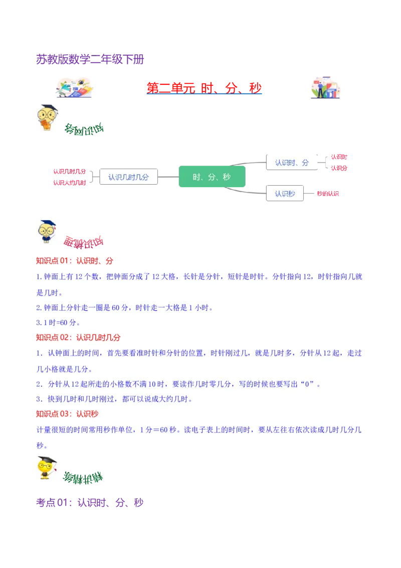 第二单元时、分、秒（知识清单)-（苏教版）_二年级数学下册（苏教版）_第四套_单元知识复习专项-K49_2024版