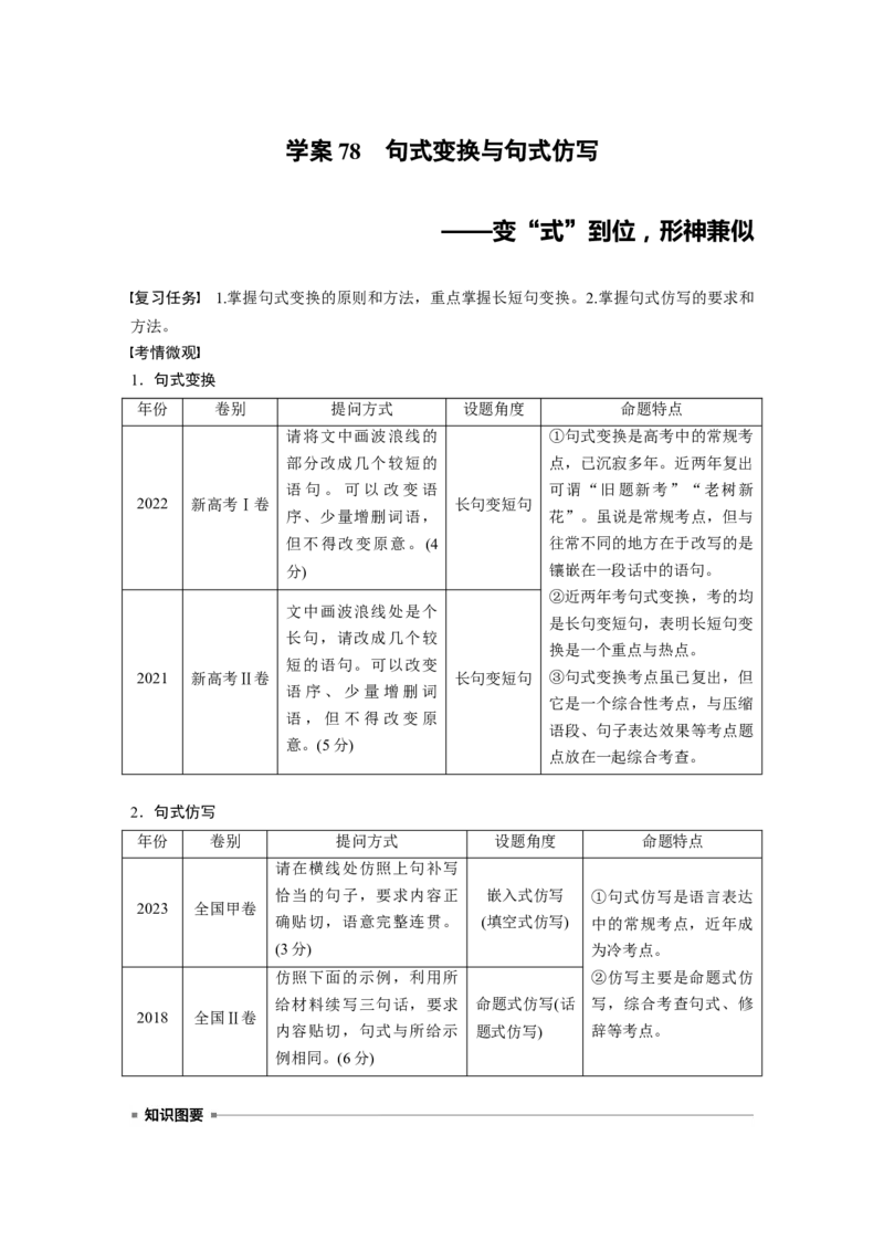 板块八　学案78　句式变换与句式仿写&mdash;&mdash;变&ldquo;式&rdquo;到位，形神兼似_01高考语文_5.22025年新高考资料_2025新高考一轮复习语文_2025语文大一轮复习讲义教师用书Word版文档