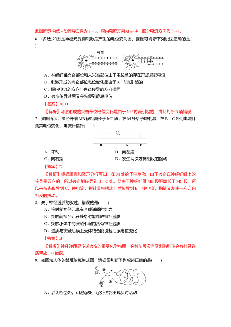 2.3神经冲动的产生和传导（练习）（解析版）_高中九科知识点归纳。_人教版高中Word电子版试卷练习试题知识点全科_高中生物试卷习题_生物选修_选修1_2.同步练习（第二套）