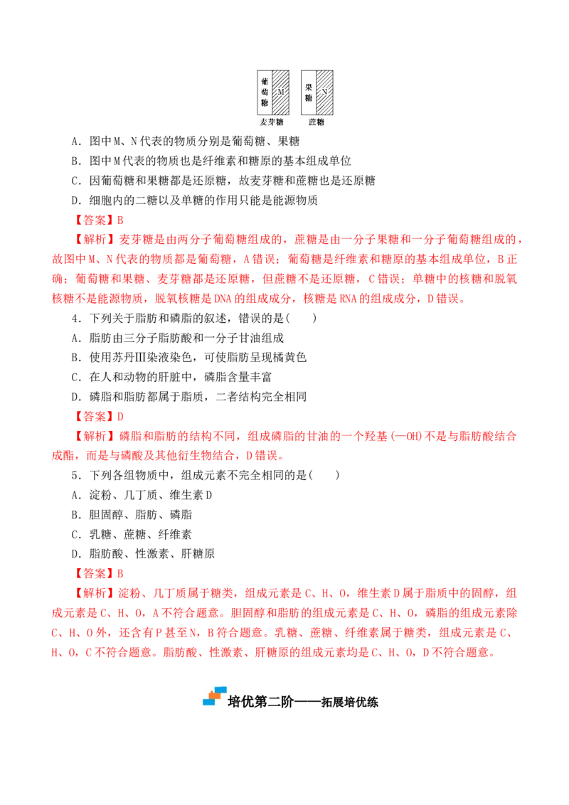 2.3细胞中的糖类和脂质-高一生物上学期课后培优分级练（2019人教版必修1）（解析版）_高中九科知识点归纳。_人教版高中Word电子版试卷练习试题知识点全科_高中生物试卷习题_生物必修