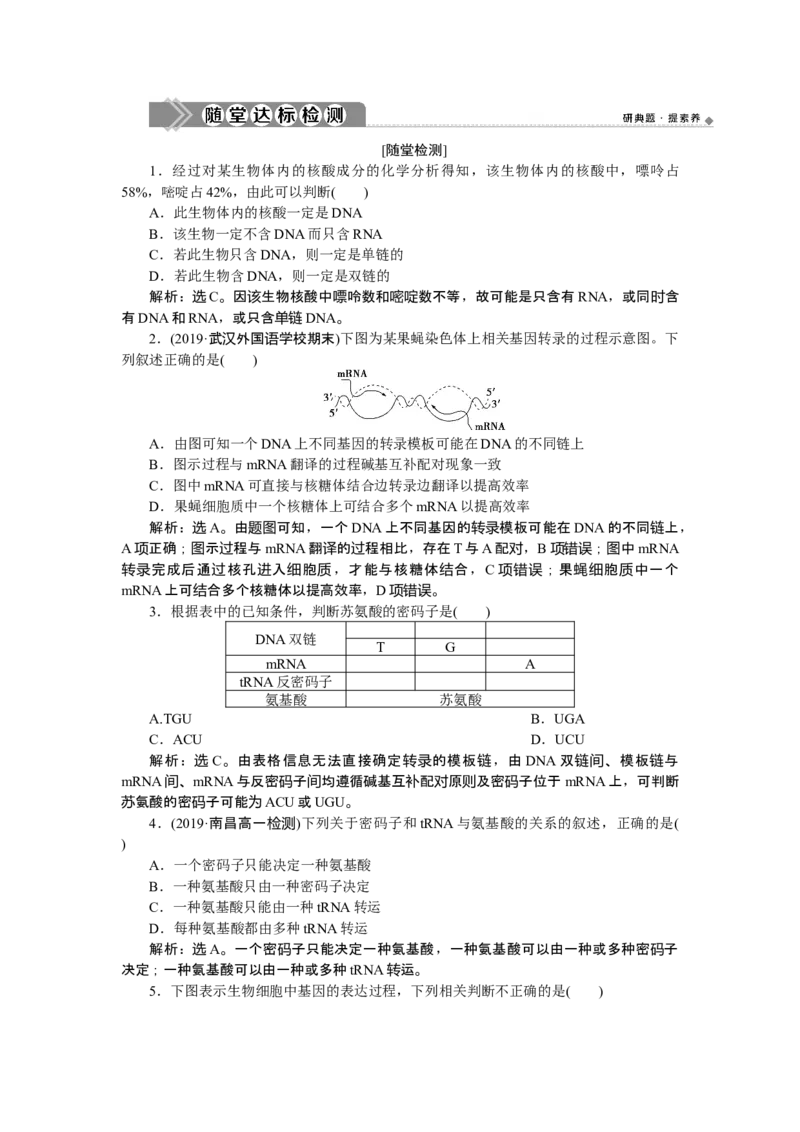 《第1节基因指导蛋白质的合成》随堂达标检测_高中九科知识点归纳。_人教版高中Word电子版试卷练习试题知识点全科_高中生物试卷习题_生物必修_必修2_1、单元测试_第4章基因的表达
