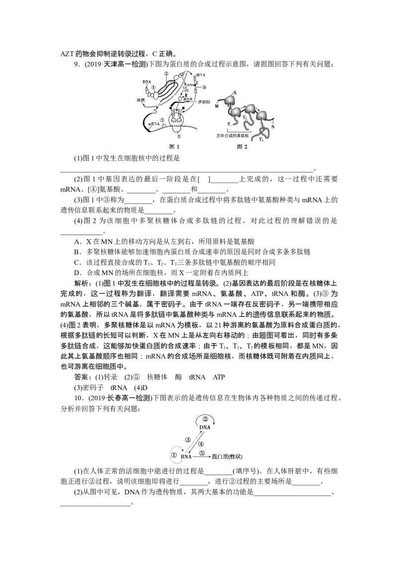 《第1节基因指导蛋白质的合成》随堂达标检测_高中九科知识点归纳。_人教版高中Word电子版试卷练习试题知识点全科_高中生物试卷习题_生物必修_必修2_1、单元测试_第4章基因的表达