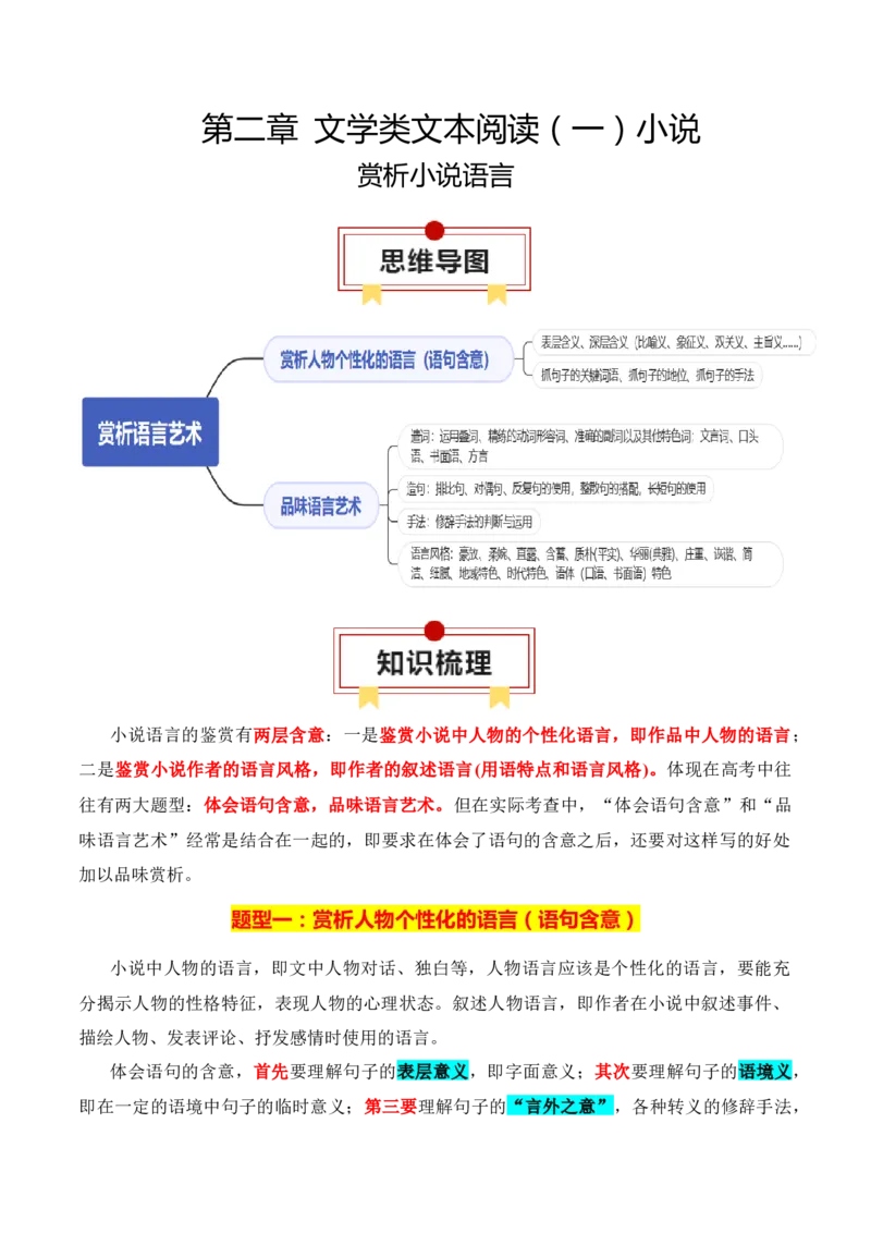 专题04：赏析小说语言（原卷版）-上好课2025年高考语文一轮复习知识清单_01高考语文_52025年新高考资料_一轮复习_2025年高考语文一轮复习知识清单