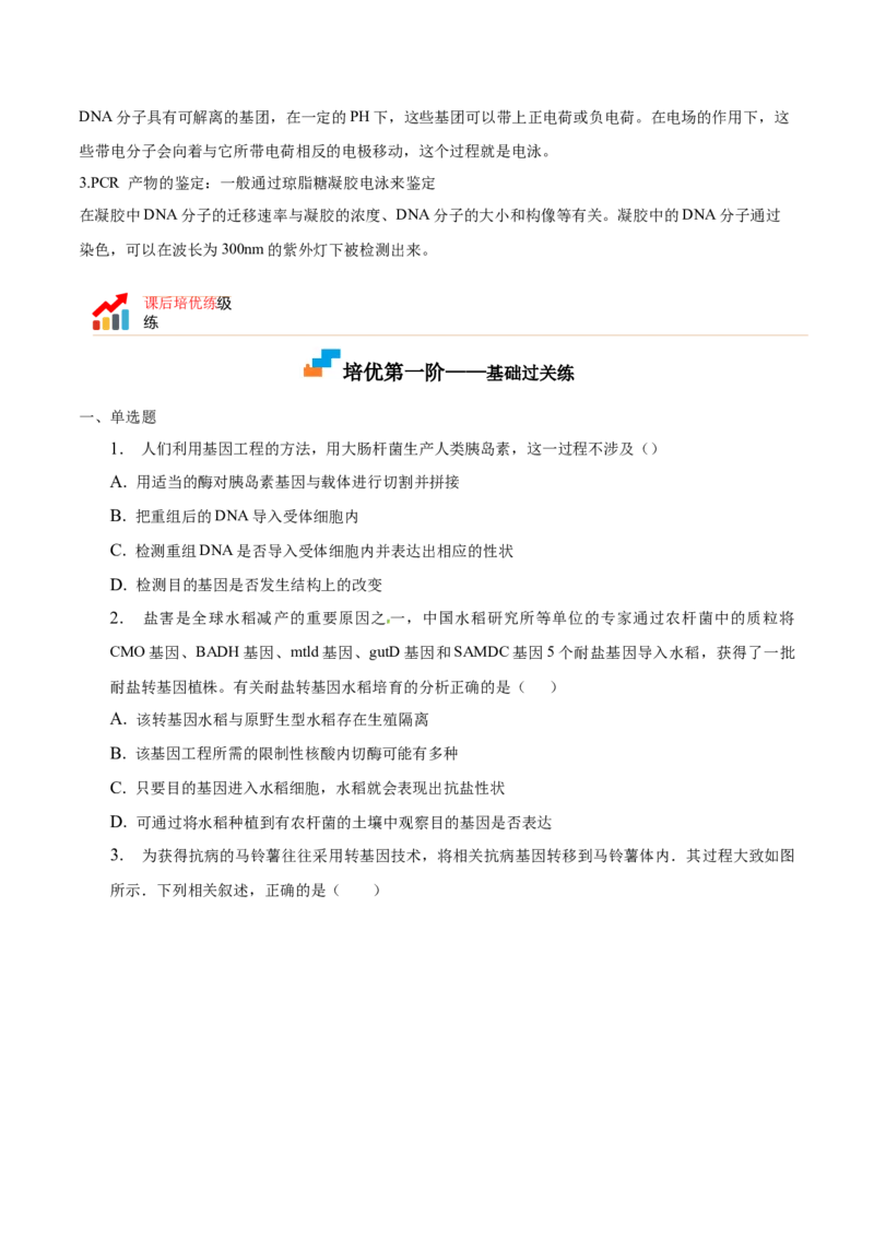 3.2基因工程的基本操作程序-高二生物课后培优分级练（人教版2019选择性必修3）（原卷版）_高中九科知识点归纳。_人教版高中Word电子版试卷练习试题知识点全科_高中生物试卷习题_选修3