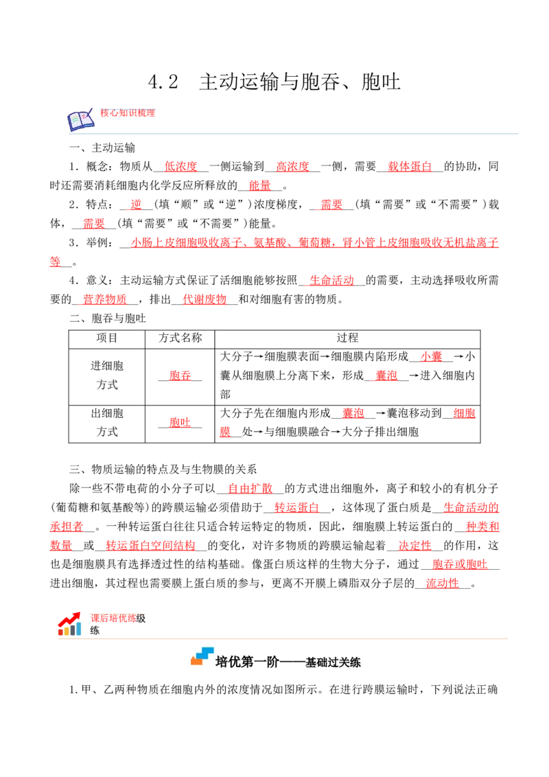 4.2主动运输与胞吞、胞吐-高一生物上学期课后培优分级练（2019人教版必修1）（解析版）_高中九科知识点归纳。_人教版高中Word电子版试卷练习试题知识点全科_高中生物试卷习题_必修1