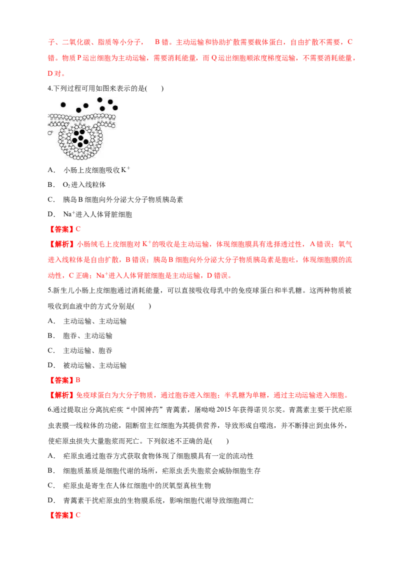 4.2主动运输与胞吞、胞吐练习（1）（解析版）_高中九科知识点归纳。_人教版高中Word电子版试卷练习试题知识点全科_高中生物试卷习题_生物必修_必修1_2.同步练习（第二套）24份