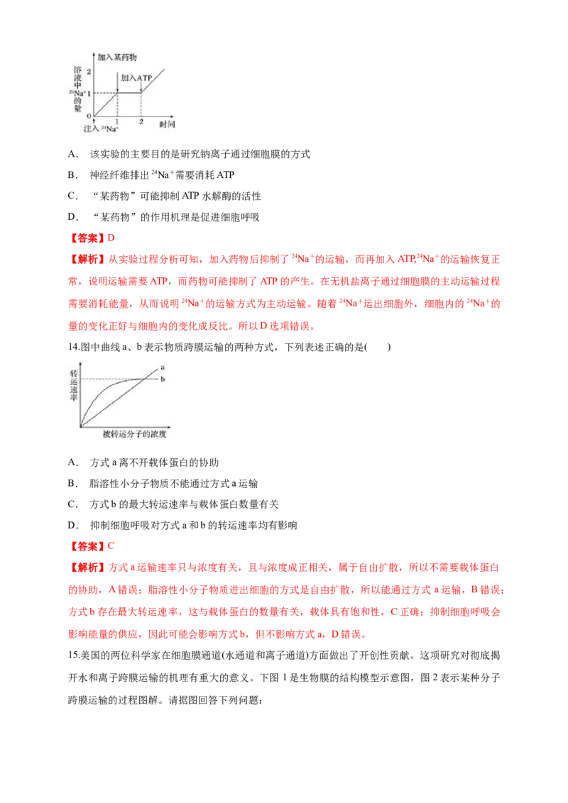 4.2主动运输与胞吞、胞吐练习（1）（解析版）_高中九科知识点归纳。_人教版高中Word电子版试卷练习试题知识点全科_高中生物试卷习题_生物必修_必修1_2.同步练习（第二套）24份