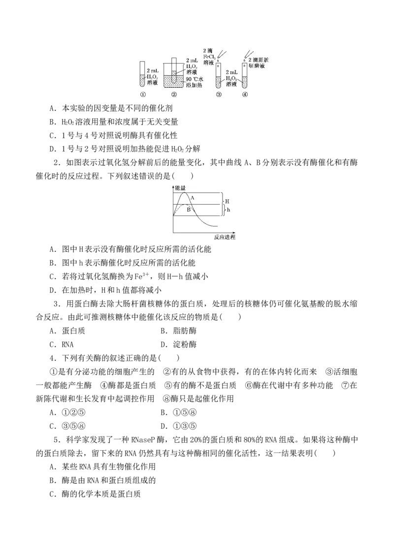 5.1.1酶的作用和本质-高一生物上学期课后培优分级练（2019人教版必修1）（原卷版）_高中九科知识点归纳。_人教版高中Word电子版试卷练习试题知识点全科_高中生物试卷习题_生物必修
