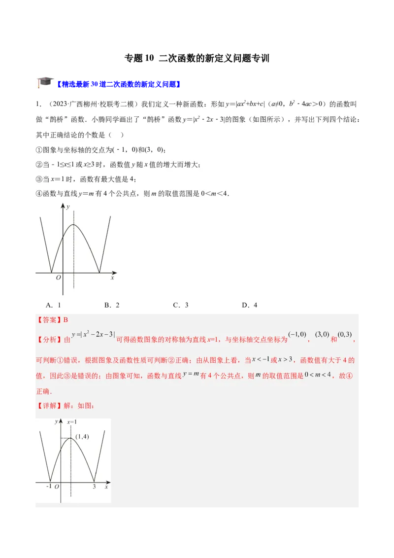 专题10二次函数的新定义问题专训（教师版）_初中数学_九年级数学上册（人教版）_重难点专题提升-V7_2024版
