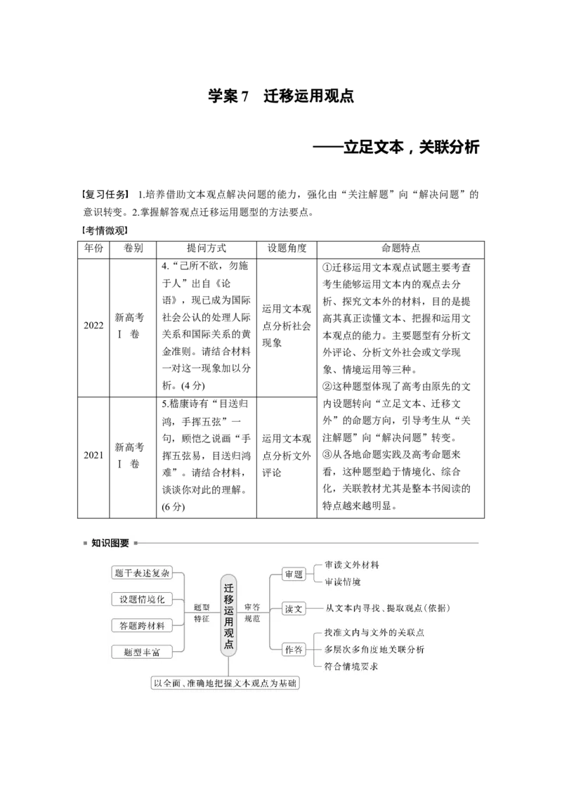 板块一　学案7　迁移运用观点&mdash;&mdash;立足文本，关联分析_01高考语文_5.22025年新高考资料_2025新高考一轮复习语文_2025语文大一轮复习讲义学生用书Word版文档_大一轮复习讲义