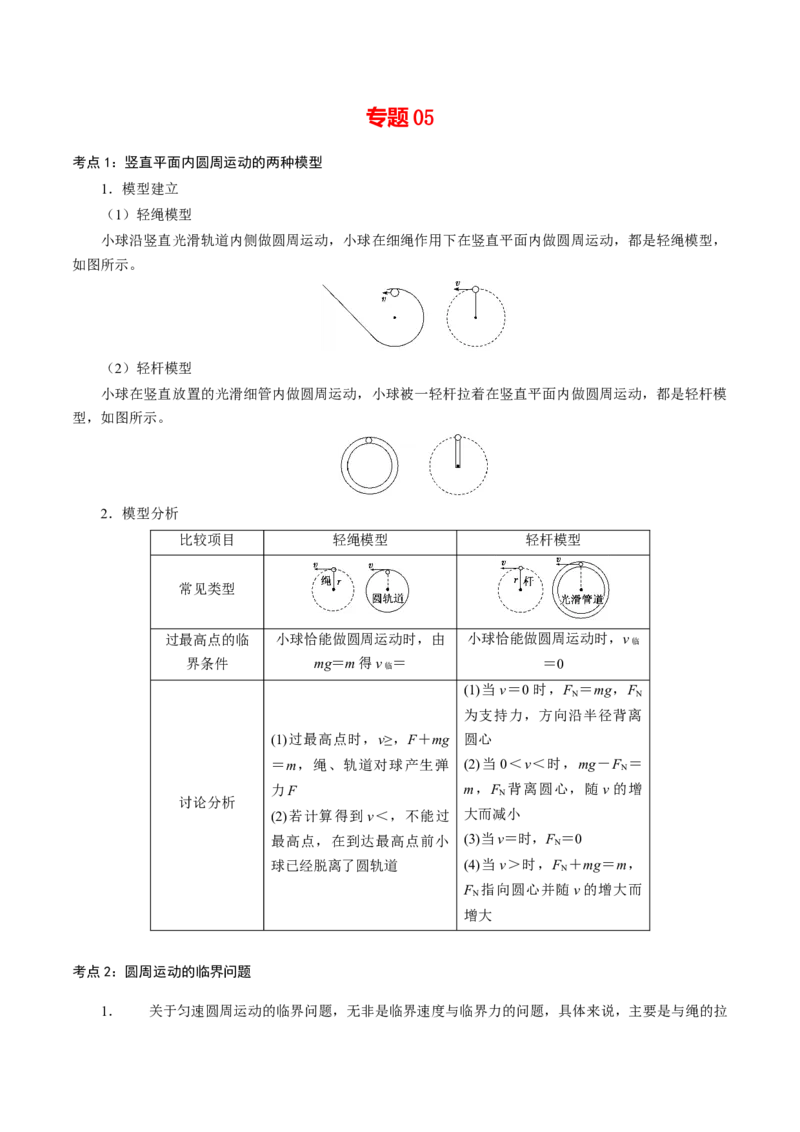 专题05圆周运动的两种模型和临界问题知识梳理-高一物理下学期期中专项复习（新教材人教版）_高中九科知识点归纳。_人教版高中Word电子版试卷练习试题知识点全科_物理必修_必修2