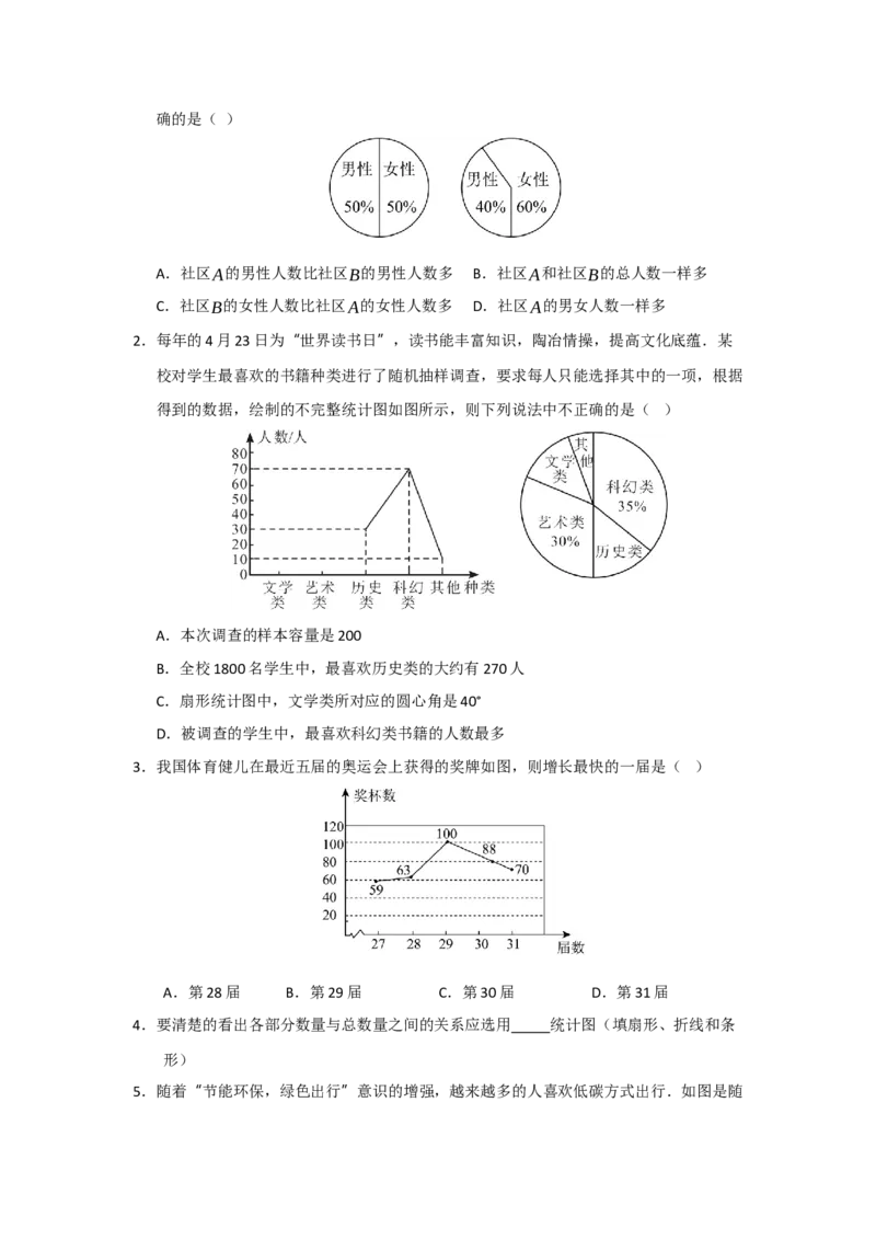 专题06数据的收集，整理与描述（知识串讲+热考题型+真题训练）（学生版）_初中数学_七年级数学下册（人教版）_重难点题型高分突破-U207