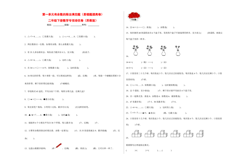 第一单元有余数的除法填空题（易错题提高卷）-二年级下册数学专项培优卷（苏教版）_二年级数学下册（苏教版）_第四套_专项练习
