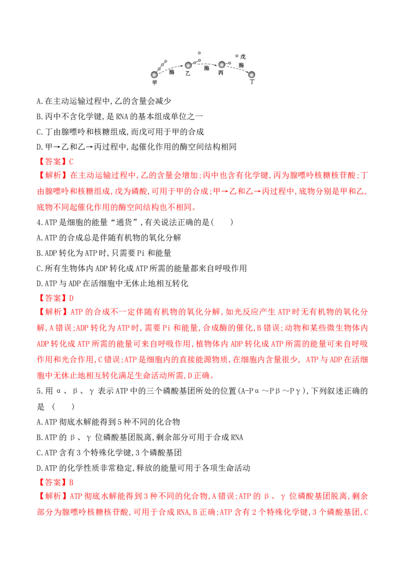 5.2细胞的能量货币&ldquo;ATP&rdquo;-高一生物上学期课后培优分级练（2019人教版必修1）（解析版）_高中九科知识点归纳。_人教版高中Word电子版试卷练习试题知识点全科_高中生物试卷习题_必修1