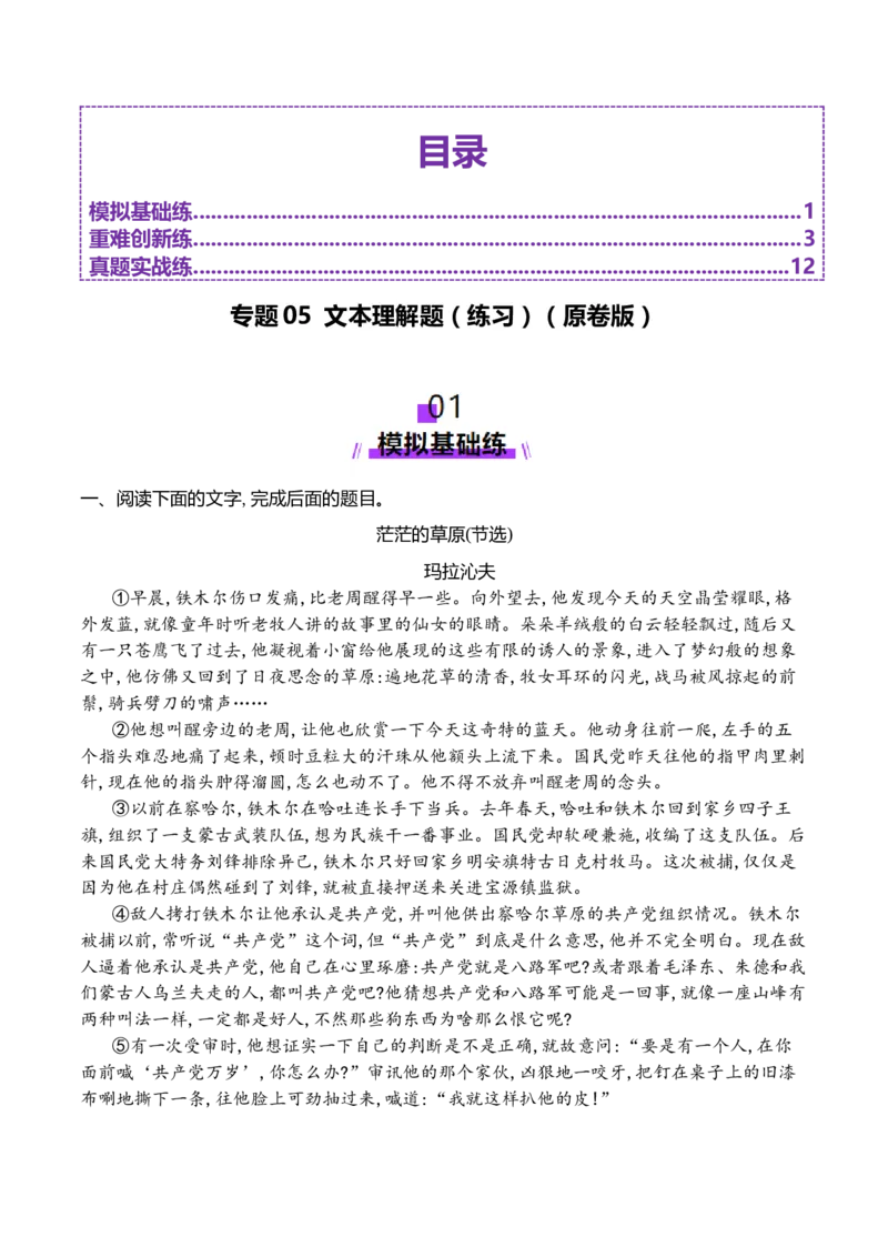 专题05文本理解题（练习）（原卷版）_01高考语文_52025年新高考资料_二轮复习_01高考语文等多个文件_上好课2025年高考语文二轮复习讲练测（新高考通用）