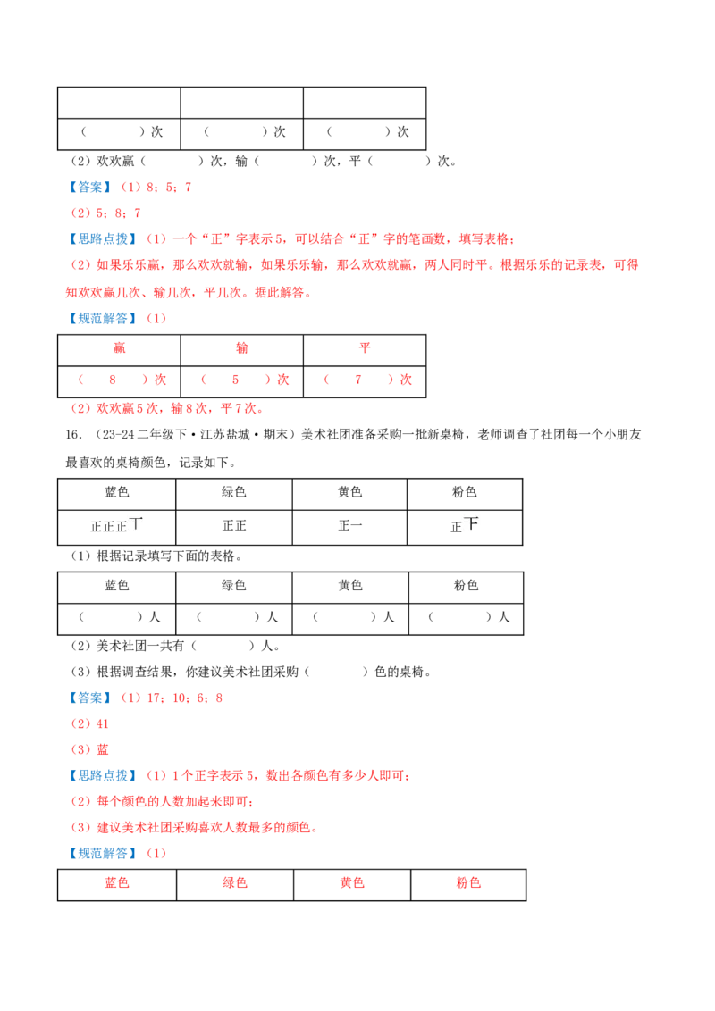 第八讲数据的收集和整理(一)（导图+知识精讲+易错点拨+2个考点讲练+难度分层练共28题）-（教师版）_二年级数学下册（苏教版）_第四套_母题专项练习-K36_2025版