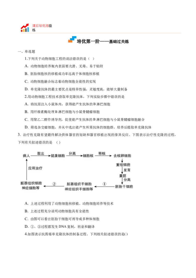 2.2动物细胞工程-高二生物课后培优分级练（人教版2019选择性必修3）（原卷版）_高中九科知识点归纳。_人教版高中Word电子版试卷练习试题知识点全科_高中生物试卷习题_生物选修_选修3