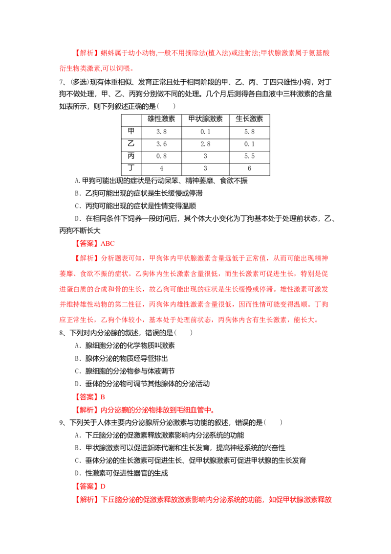 3.1激素与内分泌系统（练习）（解析版）_高中九科知识点归纳。_人教版高中Word电子版试卷练习试题知识点全科_高中生物试卷习题_生物选修_选修1_人教版生物选修一同步练习（033份）