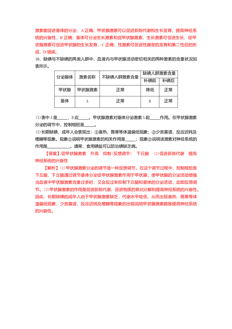 3.1激素与内分泌系统（练习）（解析版）_高中九科知识点归纳。_人教版高中Word电子版试卷练习试题知识点全科_高中生物试卷习题_生物选修_选修1_人教版生物选修一同步练习（033份）