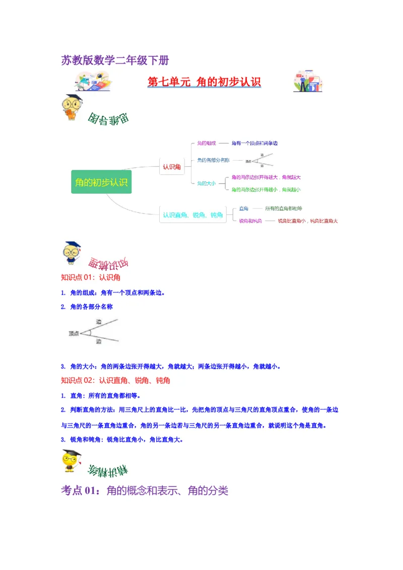 第七单元角的初步认识（教师版）-二年级数学下册单元复习讲义（苏教版）_二年级数学下册（苏教版）_第四套_知识总结