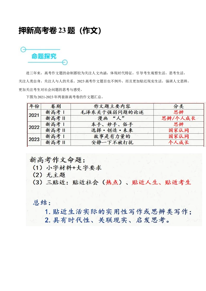 押新高考卷23题（作文）（解析版）-备战2024年高考语文临考题号押题（新高考通用）(1)_1.2025语文总复习_2024年新高考资料_5.2024三轮冲刺