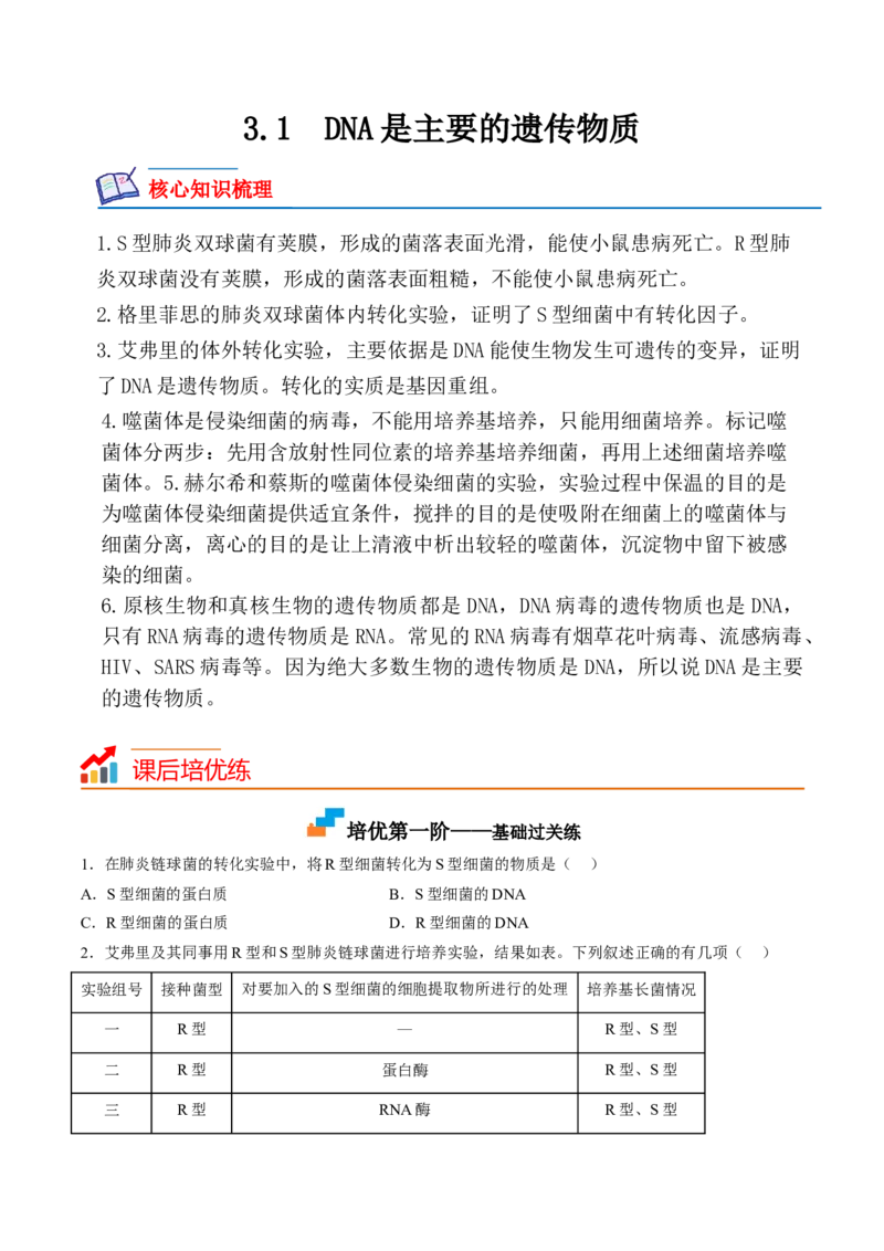 3.1DNA是主要的遗传物质（原卷版）_高中九科知识点归纳。_人教版高中Word电子版试卷练习试题知识点全科_高中生物试卷习题_生物必修_必修2_人教版生物必修二同步练习（057份）