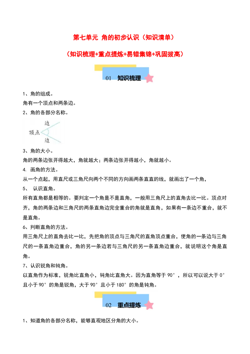 第七单元角的初步认识（知识清单）（教师版）（苏教版）_二年级数学下册（苏教版）_第四套_期末总复习-K159