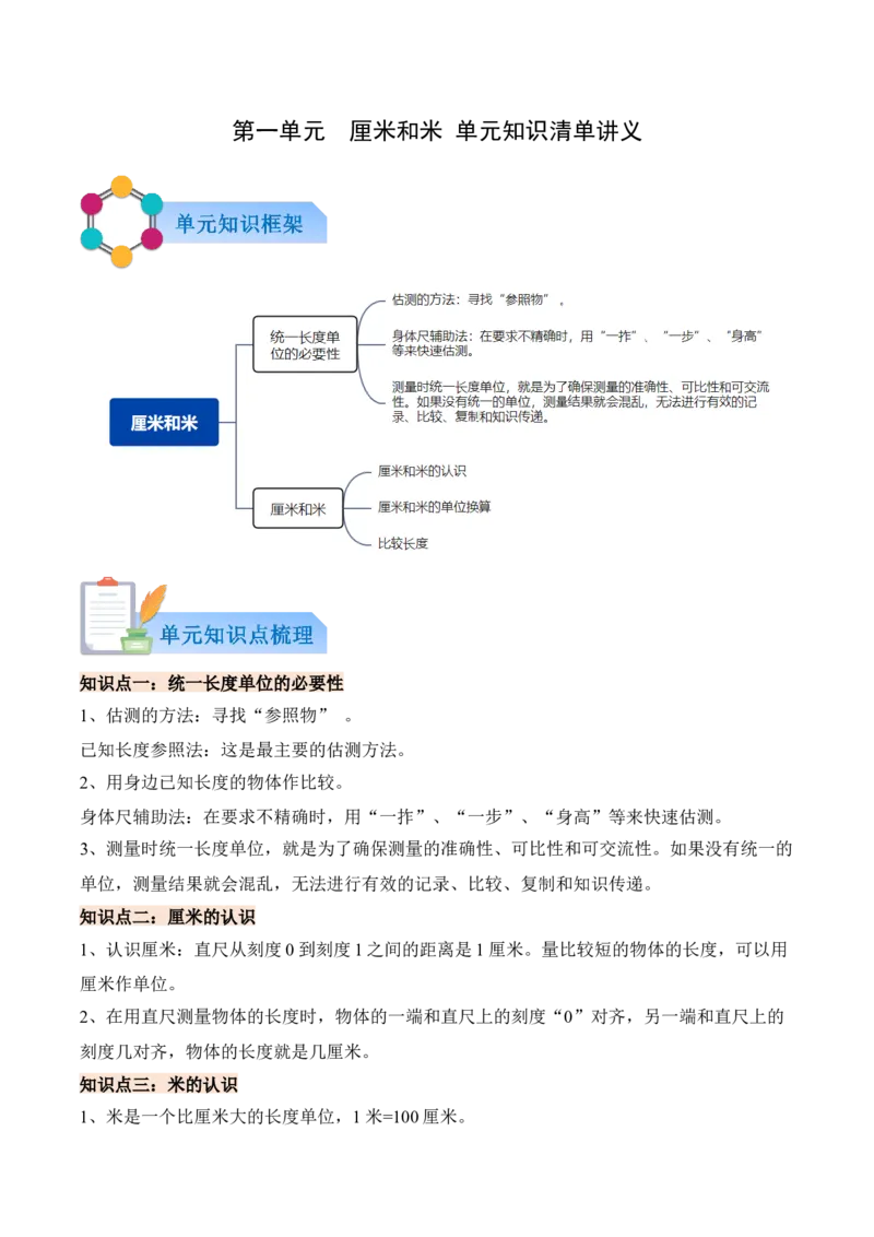 第一单元厘米和米（知识清单）（解析版）_二年级数学下册（苏教版）_第四套_知识总结_新课标资料（看这里面）