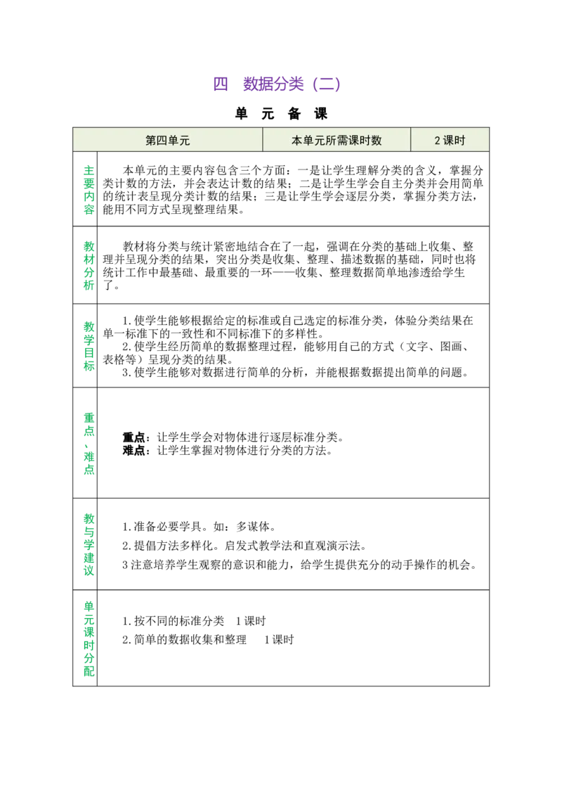 第四单元总教案_二年级数学下册（苏教版）_第五套_03全册教案_四数据分类（二）